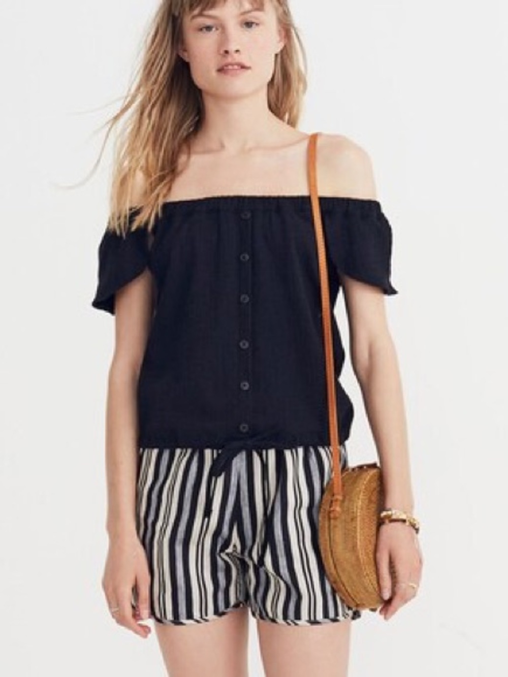 Madewell Black Off-Shoulder Button Front Top with Drawstring